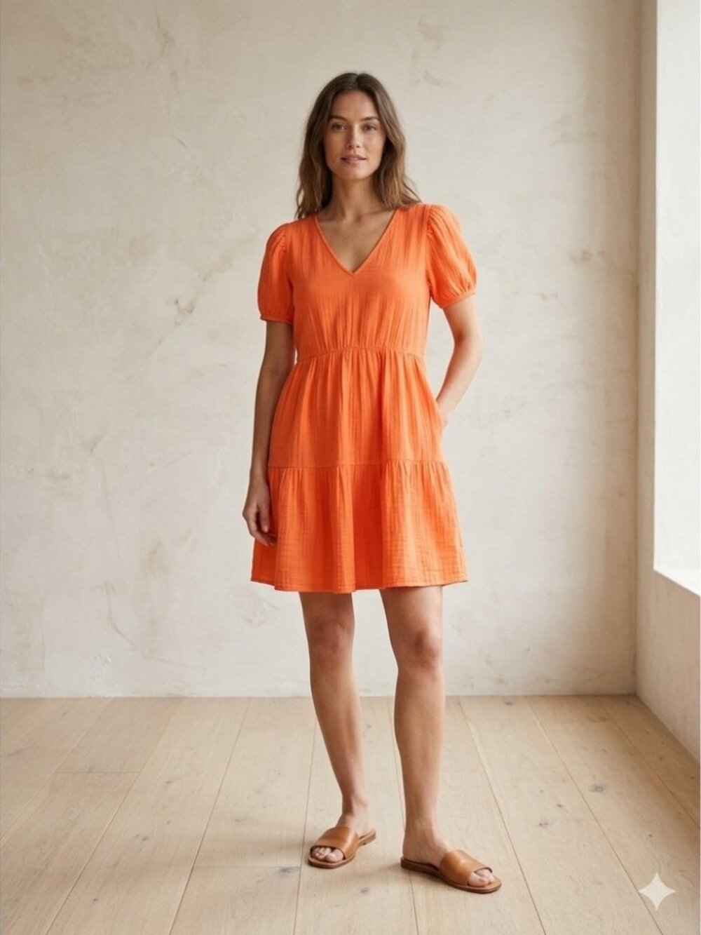 GAP 100% Cotton Crinkled Gauze Puff Sleeve V-Neck Tiered Mini Dress, Orange, Med
